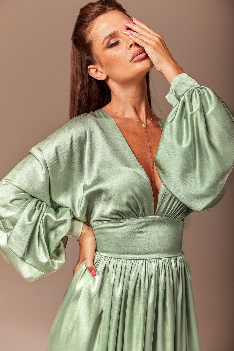 Sage green satin maxi dress for women V-neck long sleeve party wedding guest | eBay Sage green satin maxi dress for women V-neck long sleeve party wedding guest | eBay