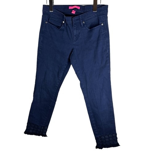 Lilly Pulitzer South Ocean Skinny Cropped Jean Embroidered Lace Size 6 Navy Blue - Picture 5 of 18