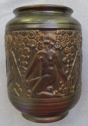 Large Weller Art Deco Vase Brown Glaze with Repeating Nudes - Picture 8 of 9