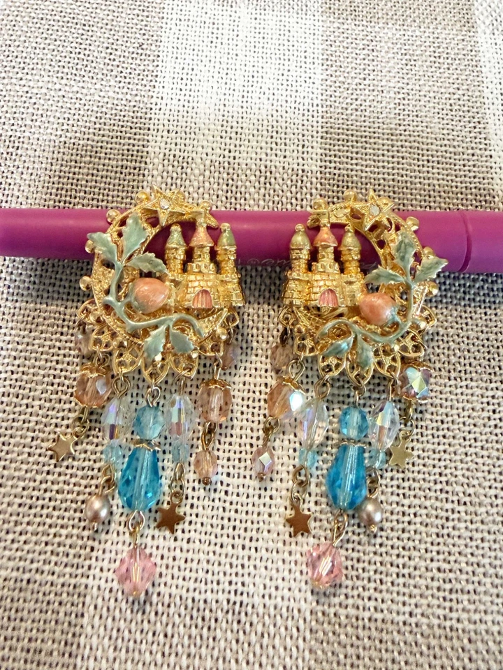 KIRKS FOLLY Moon Castle Stars DANGLE CLIP ON EARRINGS Blue Pink Beads GOLD TONE - Image 2 of 4