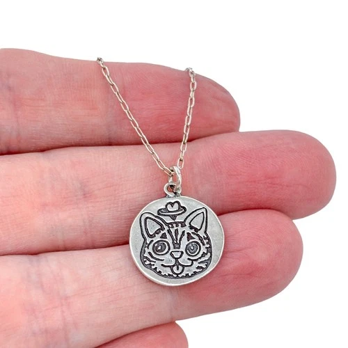 Cat with Halo & Heart Pendant | Vintage Sterling Silver 925 | 18"