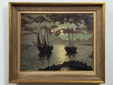 Vintage Expressionist Nocturne Seascape, Signed (Oil on Canvas)