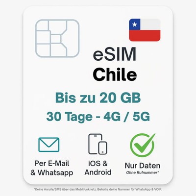 Chile eSIM Datentarif digitale e SIM - per Mail- ohne Telefon Nummer