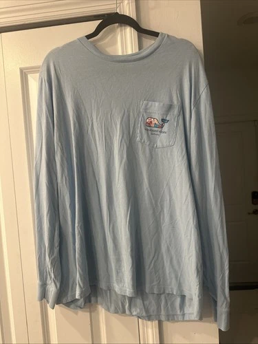 Vineyard Vines Light Blue Long Sleeve Jersey Cotton T-Shirt Whale Logo Pocket
