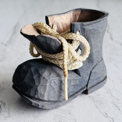 Vintage  Miniature Hand Carved Signed Wooden Folk Art Boot with Laces