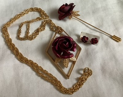 Red Rose Fashion Jewelry Set: Necklace, Earrings, Stick Pin