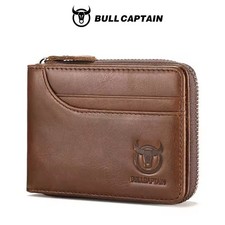 BULLCAPTAIN Genuine Leather Men Zipper Wallet RFID Blocking Bifold Wallet