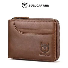 BULLCAPTAIN Genuine Leather Men Zipper Wallet RFID Blocking Bifold Wallet
