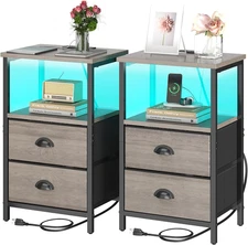 Nightstand with Charging Station, LED Night Stand Set of 2, Bedside Table End Ta