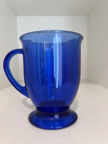 Vintage Anchor Hocking Cobalt Blue Glass Pedestal Mug Footed Coffee Cup