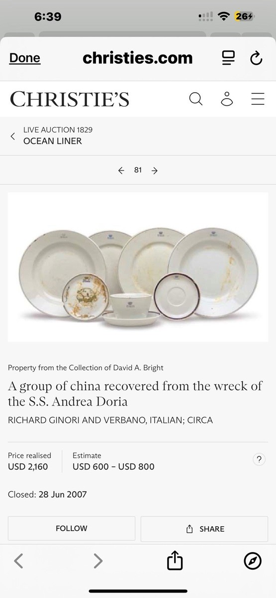 Ginori ITALIA Andrea Doria Plates OceanLiner Shipwreck 1st Class