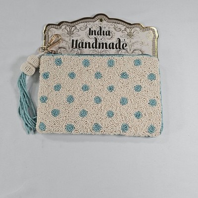 New Release Viral Blue Polka Dot White Creme Glass Beaded Zip Pouch Travel Bag