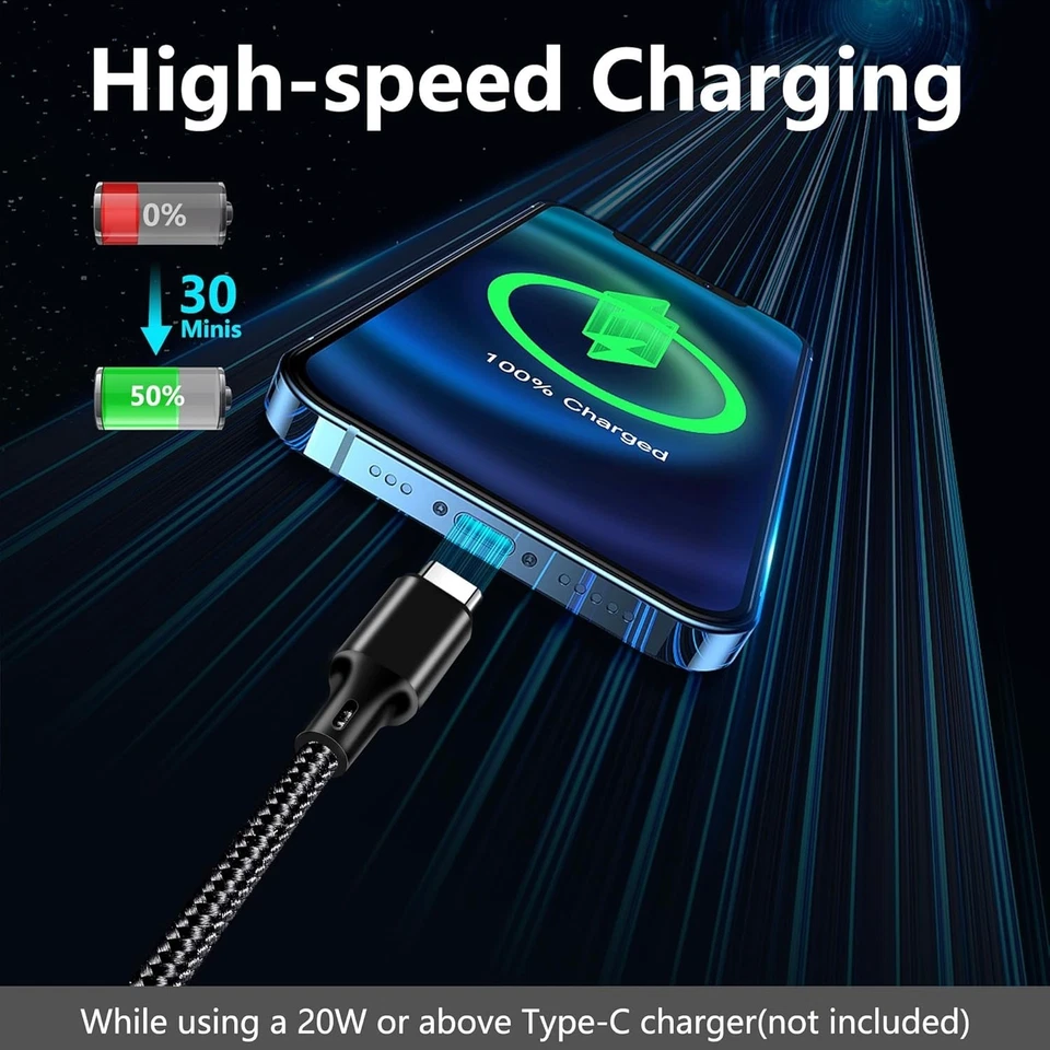 Type-C to Type-C Cable PD 60W Fast Charger Braided Long USB Lead LED For Samsung - Image 2 of 4
