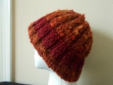 Hand knitted bulky and warm wool blend beanie/hat, copper orange/burgundy