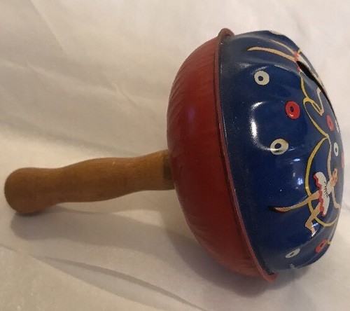 Vintage Kirchhof Blue Red Dancing Girls Metal Noise Maker Wood Handle - Picture 3 of 12