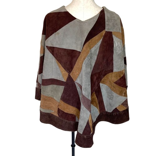 Vintage Poncho Womens One Size Pullover Suede Patchwork Handmade Slit Pockets - Picture 2 of 12