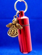 Cremation Keepsake Memorial Keychain Urn Red w/ Bronze Angel Charm