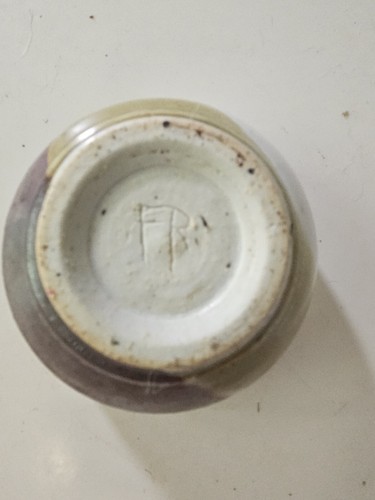 VTG 70s Small Pottery Bowl Signed Fr Green Brown Gray - Picture 2 of 4