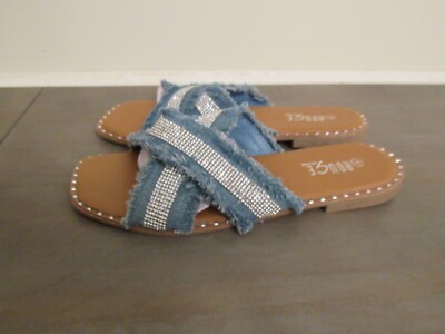 Rouge Helium Women's Blue Denim Jean Two Strap Bling Flat Sandals Size US 9 New