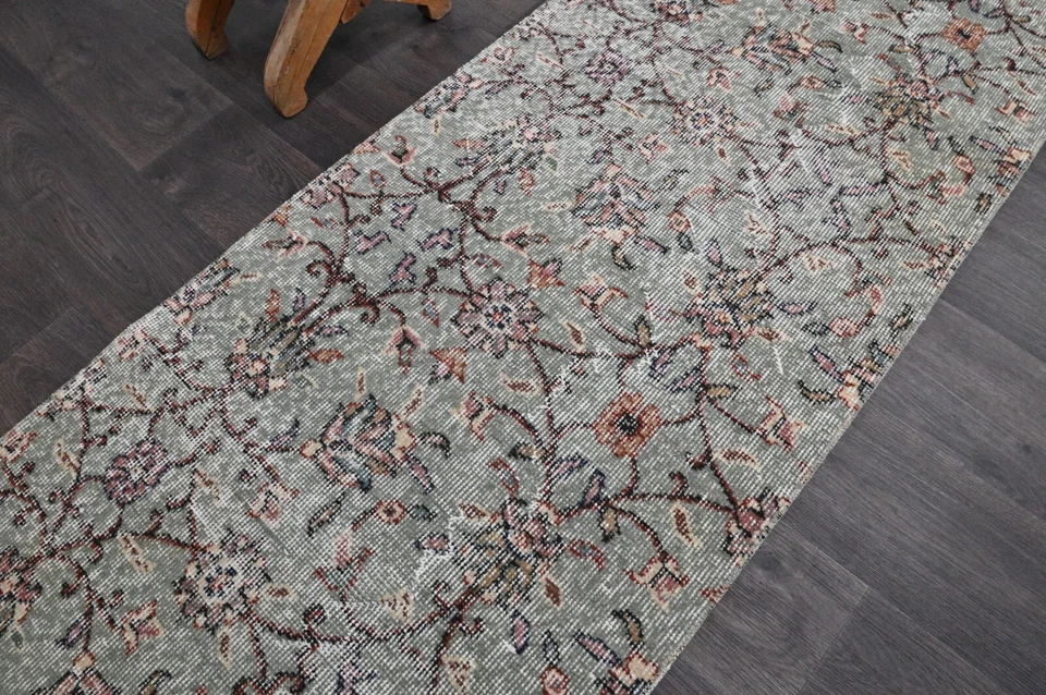 Alfombra de corredor turca vintage 2x11 pies lana anatolia hecha a mano pasillo Oushak GRIS Foto 3 de 4