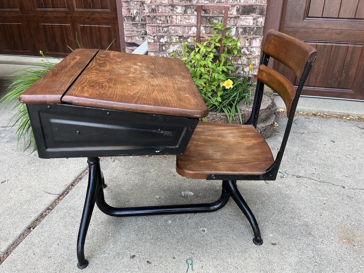 Antique Vintage Wooden & Metal Student Child's Classroom