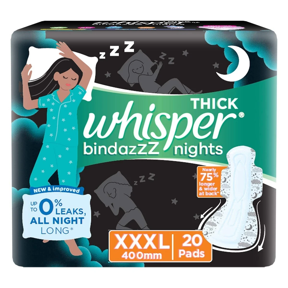 Whisper bindazzz Nights Leak Proof pads For Women XXX Large Pack of 20 pads