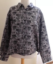 Artsy Chico's Sz 2 L Amazing Woven Silk Silver Asian Portrait Art Jacket Faces