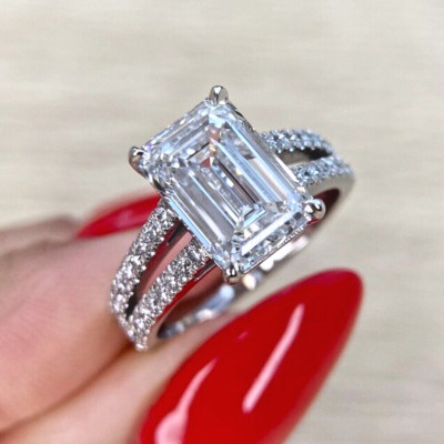 3.46Ctw Emerald Cut Moissanite Split Shank Engagement Ring 14K White Gold Plated