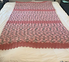 VTG Handmade Crochet Afghan / Throw Blanket Zig Zag Chevron Pink Gray