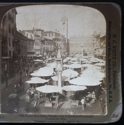 1902, Piazza della Erbe, Verona, Italy, Cafe Umbrellas, H.C. White Stereoview SV