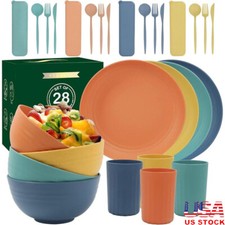 28 Pcs Unbreakable Wheat Straw Dinnerware Set Microwave Safe Plates Bowls 4 US