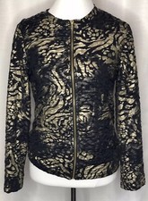 New Small Black Gold Zip Front Jacket Blazer Long Sleeve Lined Peck And Peck