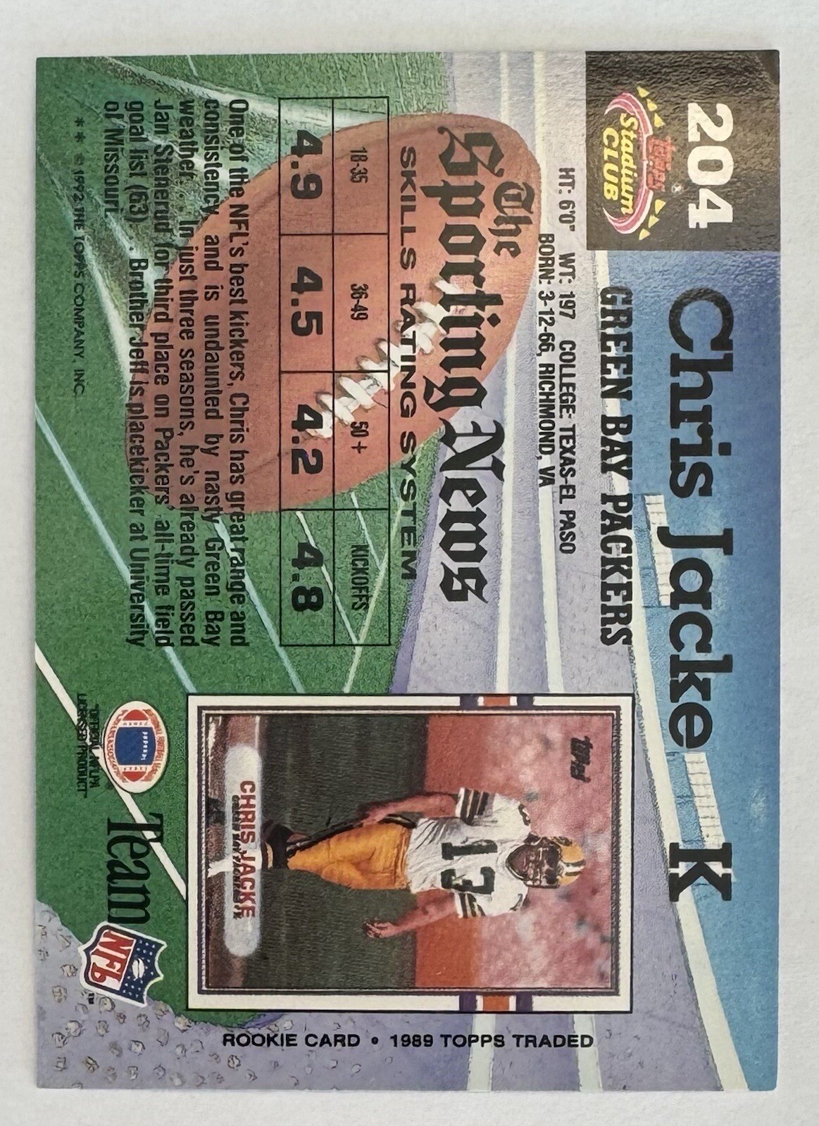 1992 Topps Stadium Club Football Card 204 Chris Jacke Green Bay
