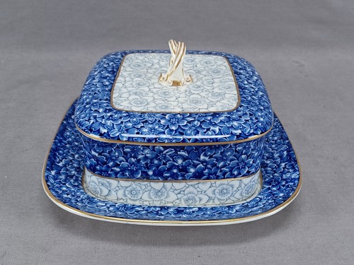 Royal Worcester W409 Blue Floral Chintz & Gold Bone China Sardine Box C. 1883 - Picture 4 of 14