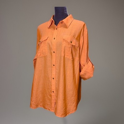 Lauren Ralph Lauren Womens Linen Button Up 2X Roll Tab Sleeves Cruise Coastal