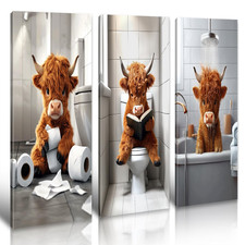 Djsylife Funny Highland Cow Bathroom Canvas Wall Art 3 Piece Set 16X24 Framed