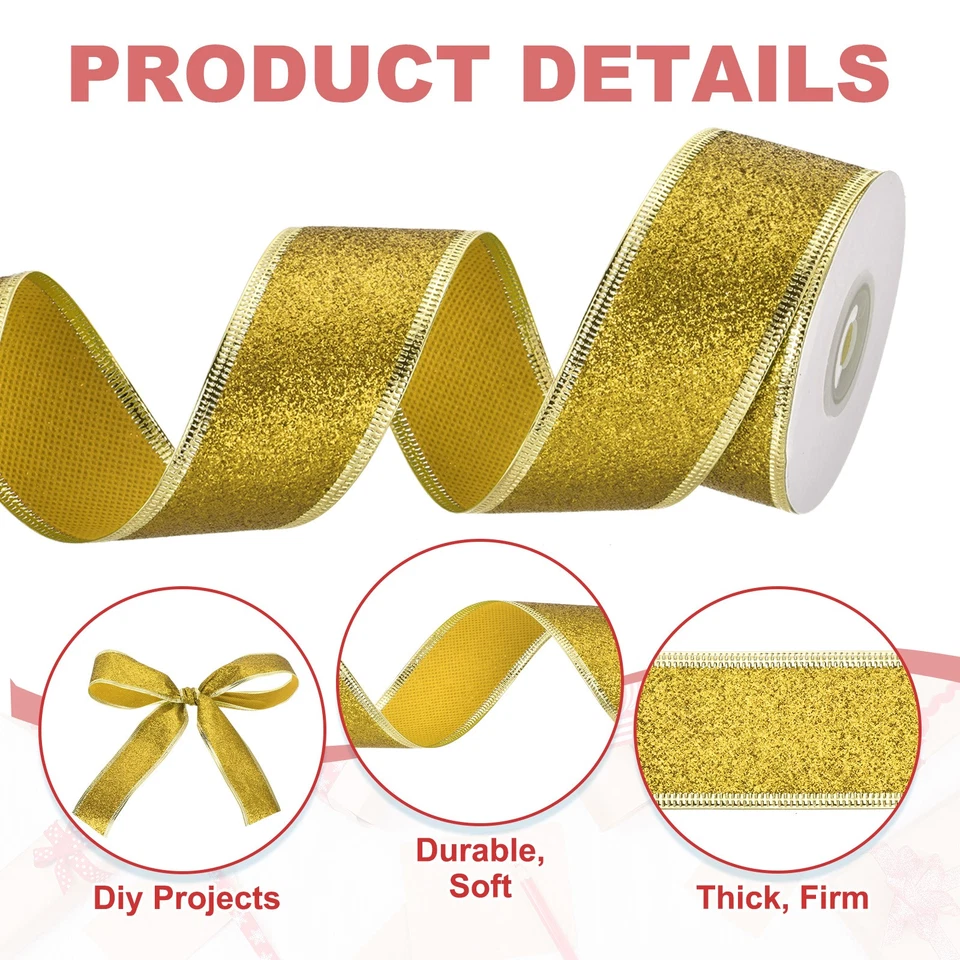Cinta de Navidad de 20 yardas x 1,5", brillo metálico de cinta con cable, amarillo/dorado Foto 3 de 4