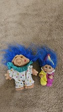 2 Vintage 1986 DAM NORFIN CLOWN TROLL DOLLS-5"and 3" Both Blue Hair, Good Cond.