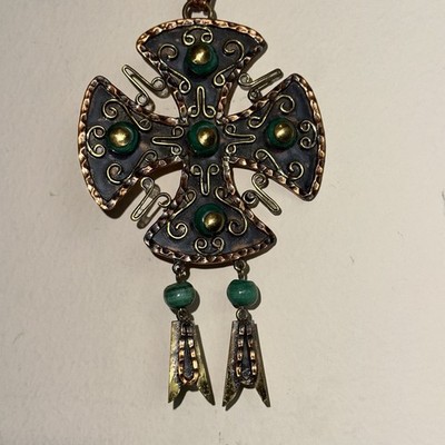 Vintage 1960s Casa MAYA Mexico Necklace Copper Brass Green Glass Maltese Cross