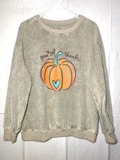 Give Thanks Pumpkin Corded Graphic Sweatshirt Khaki Fall Crewneck M Medium