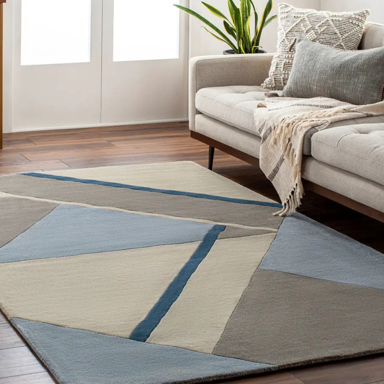 Hand Tufted Wool Area Rug Modern Geometric Blue Grey Cream Living Room Carpet