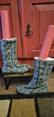 Roxy 7.5 Snappy Boots in Grey Black Midcalf Plaid Teddy Fur Lined Buttons EUC