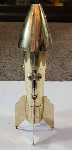 VINTAGE ASTRO MFG ROCKET Gold Tone METAL COIN BANK 60s Space Age First National