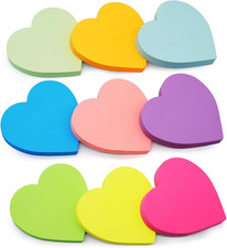 9 Pads Heart Sticky Notes, 3X3 In, 82 Sheets/Pad, Cute Bright Color Heart Shaped