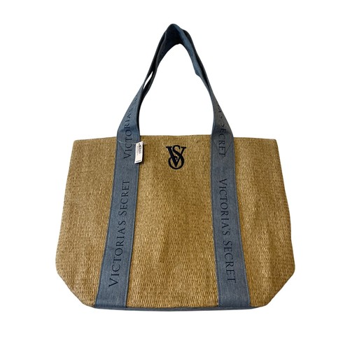 Victoria’s Secret NWT LOGO Straw & Denim Tote Beach Summer Vacation Bag - Picture 1 of 6