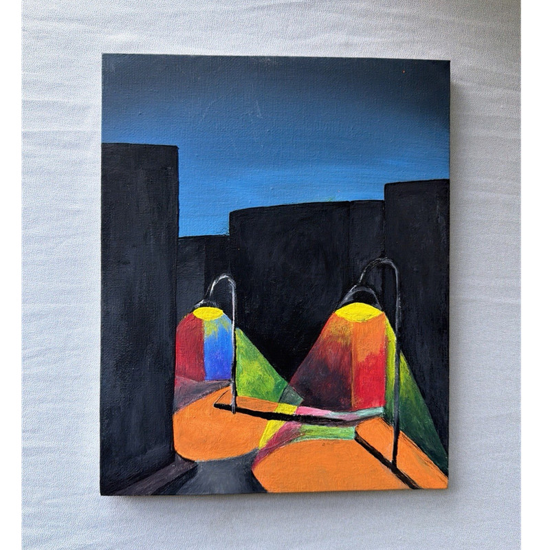 Modern Urban Night Street Lamps Acrylic Painting on Canvas, Contemporary Art