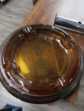 Vintage Amber Glass Ashtray Round Antique Heavy
