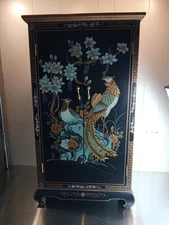 Hand-Painted Peacock Chinese Black Lacquer Two-Door Storage Cabinet