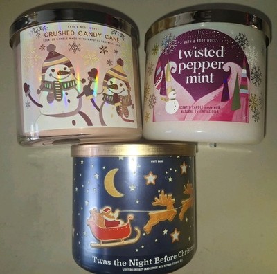 Bath & Body Works 3 Candles Crushed Candy Cane, Twisted Pepp. & Twas The Night B