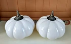 PAIR VTG Ceiling Light Fixture Milk Glass Melon Ribbed W/ Pewter Embossed Cap
